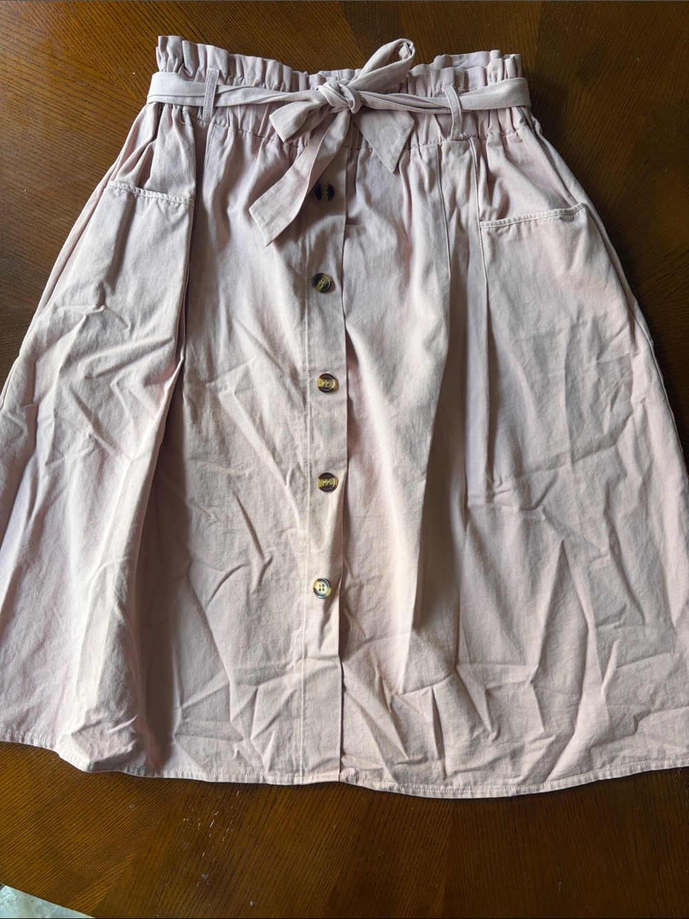 Paperbag Waist Button-Front Midi Skirt in Light Pink